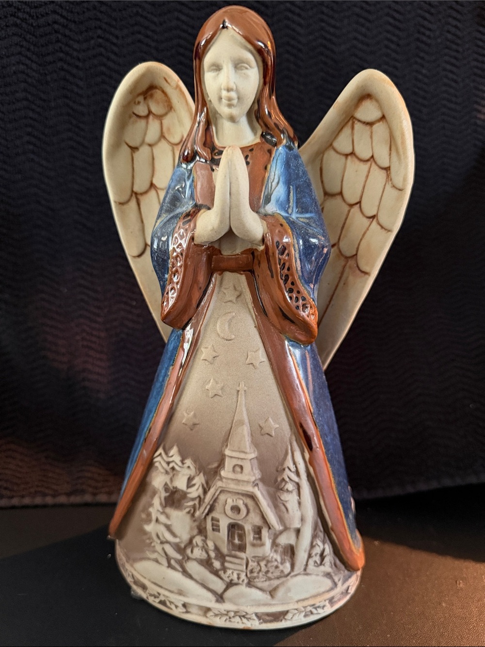 Hand-Painted Ceramic Praying Angel Figurine in Blue and Brown